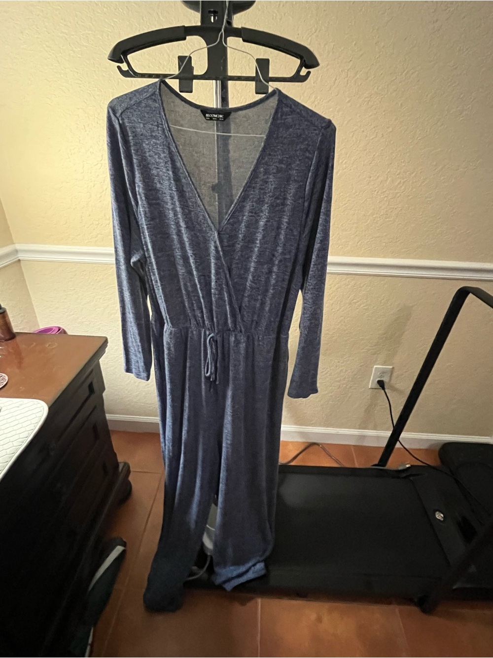 BloomChic Heather Blue Long Sleeve V-Neck Jumpsuit